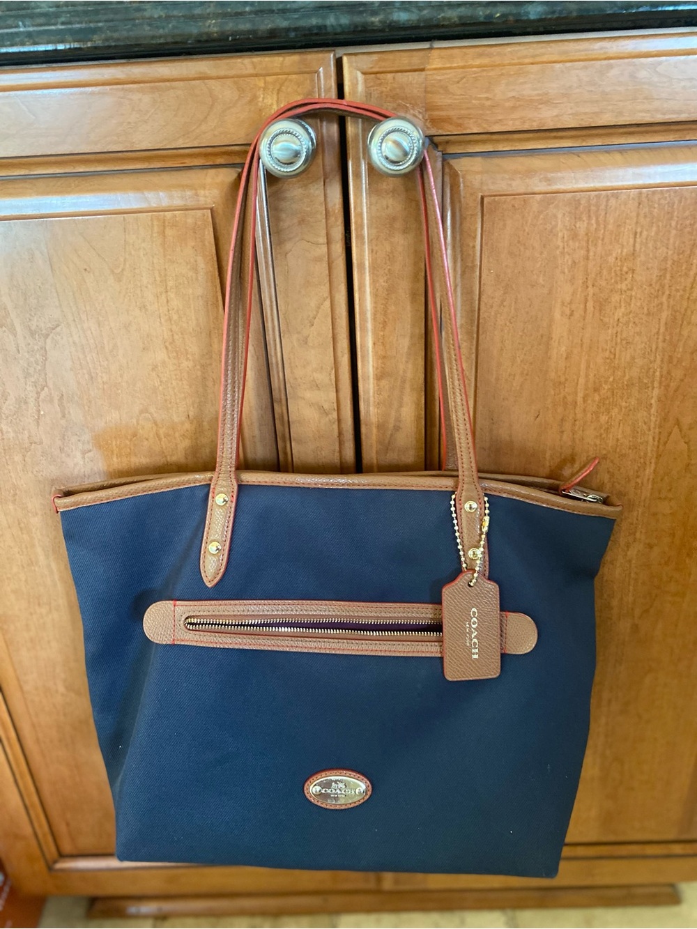 Coach Navy and Brown Sawyer Canvas Tote with Front Zip Pocket